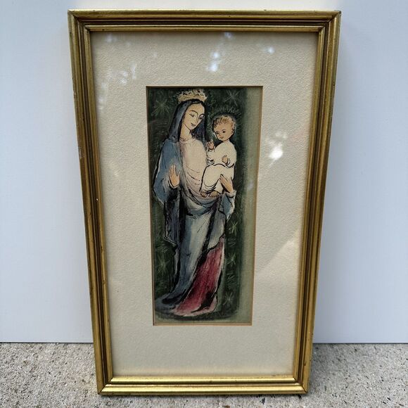 Vintage Gold Framed Mary and Jesus Christmas Card 7.75in x 12.75in Matted - Picture 1 of 10